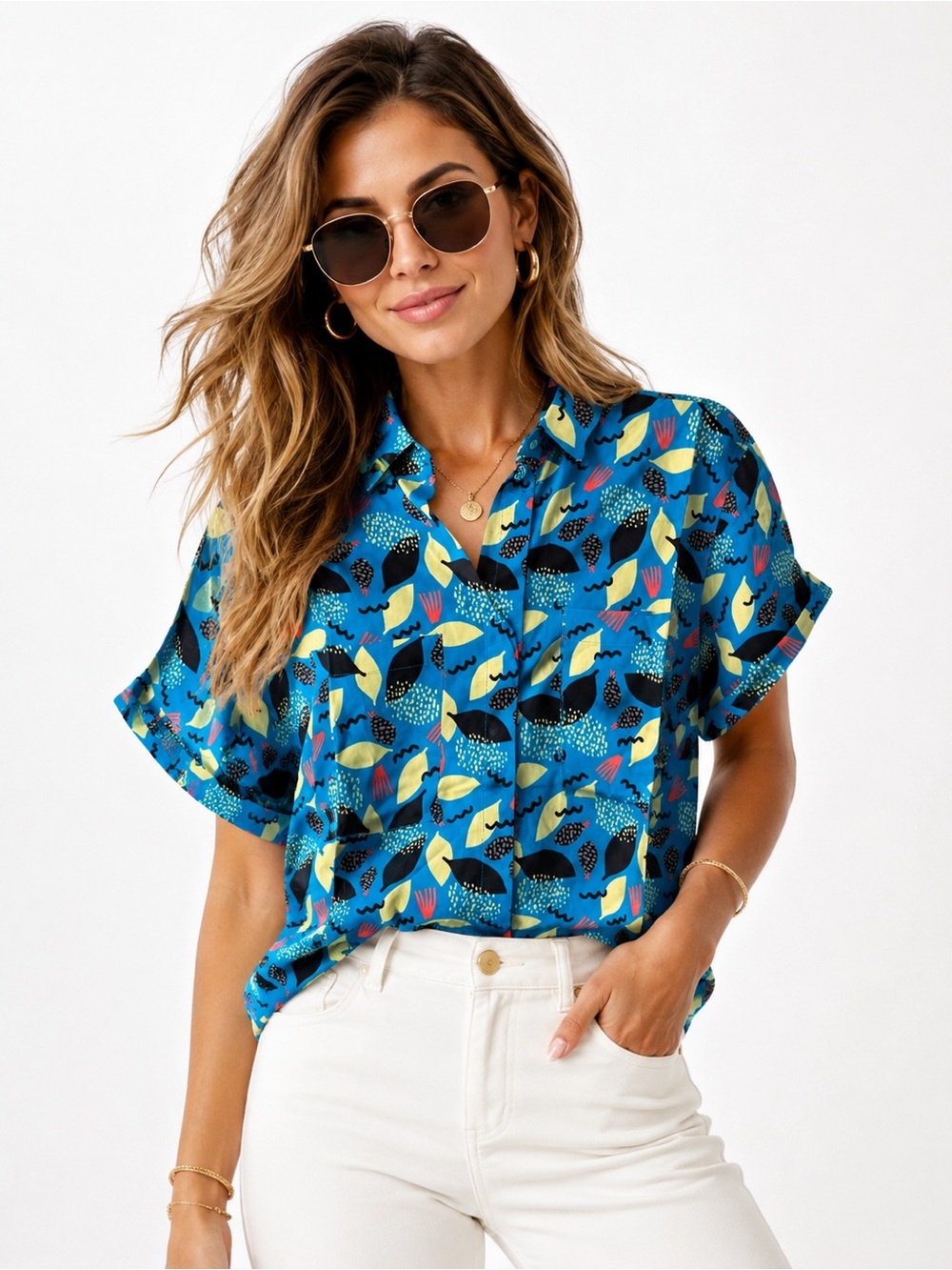 NWT Wildfang Empower Coastal Abstract Retro Tropical Short Sleeve Button Up Sz S